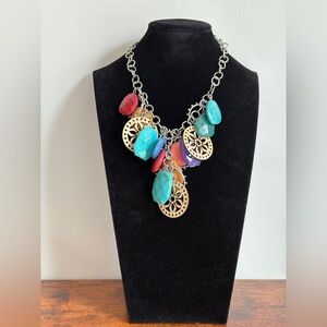 RJ G. Silver Tone Blue Purple Pink Bead Dangle Necklace